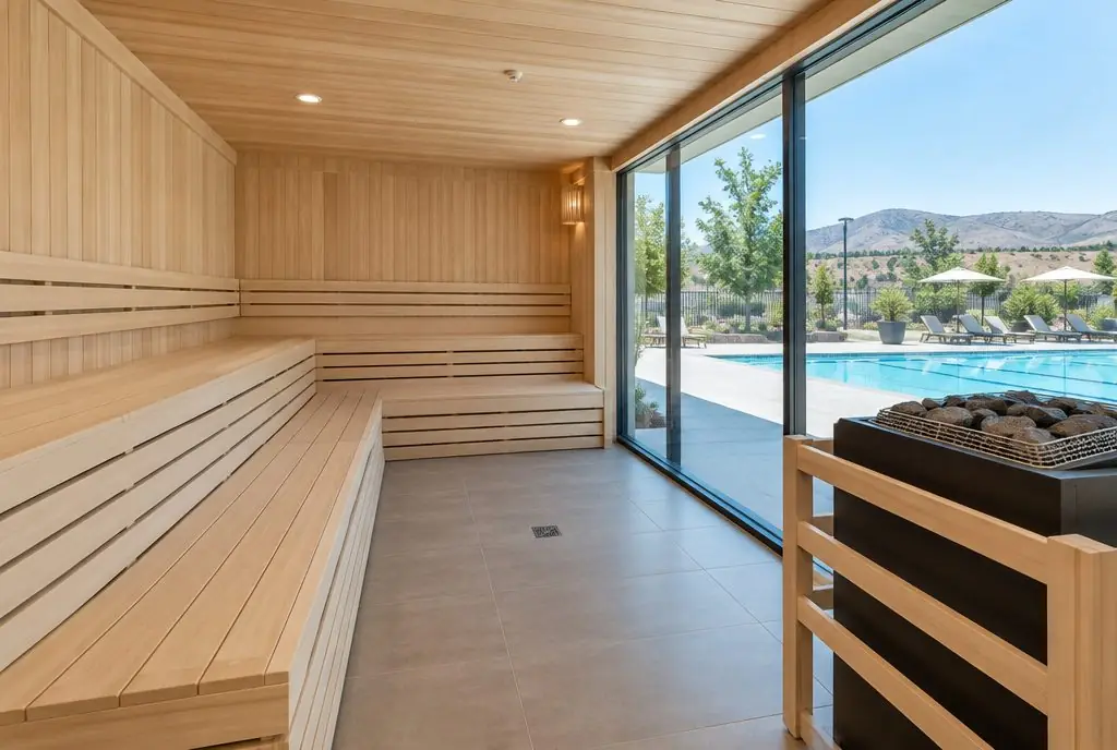Illustration: a spacious community clubhouse sauna with three bench levels, a commercial heater with a guard rail and a glass wall facing a pool deck