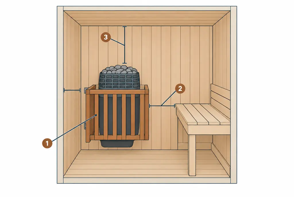 Diagram: front cutaway of an electric sauna heater with stones on a wall, a wooden guard rail around it, and dimension brackets to the bench beside it and the ceiling above