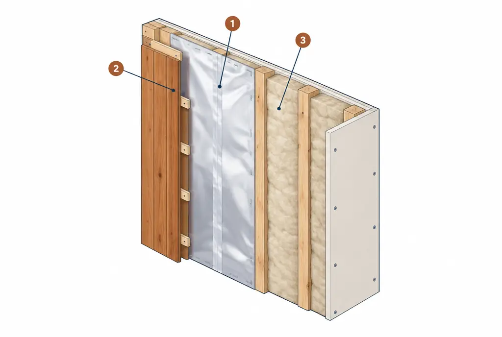 Diagram: horizontal cutaway of an indoor sauna wall showing, from the room outward, cedar paneling, an air gap on furring strips, a foil vapor barrier with taped seams, insulation between studs and the outer wall