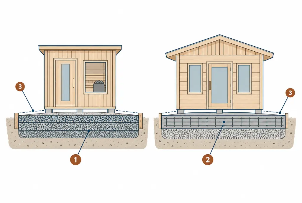 Diagram: two cross-sections side by side, a compacted gravel pad with a border on the left and a reinforced concrete pad on the right, each sloped slightly for drainage under a sauna outline