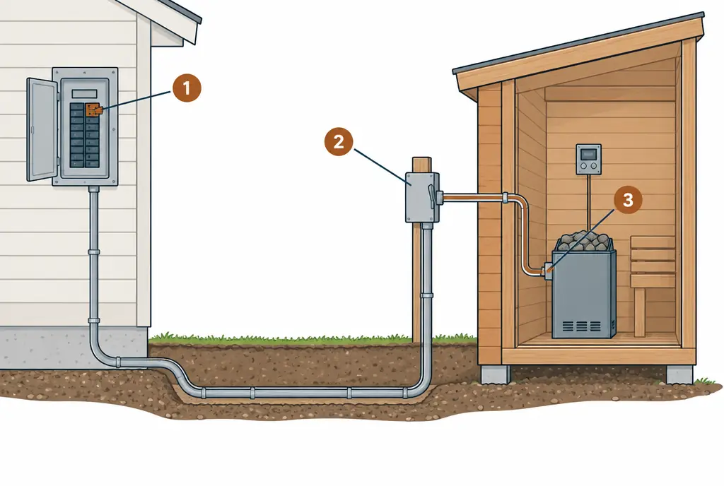 Diagram: a house wall with an electrical panel and a two-pole breaker, a conduit running along the wall and underground to a disconnect beside an outdoor sauna, and the wiring entering the sauna to the heater