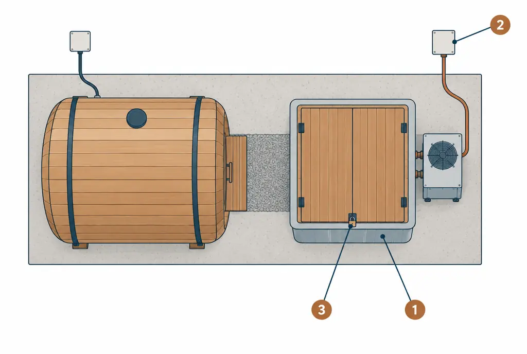 Diagram: plan view of a barrel sauna and a cold plunge tub on one pad, with the plunge's chiller on a separate GFCI-protected circuit, a short path between them, and a locking cover on the tub