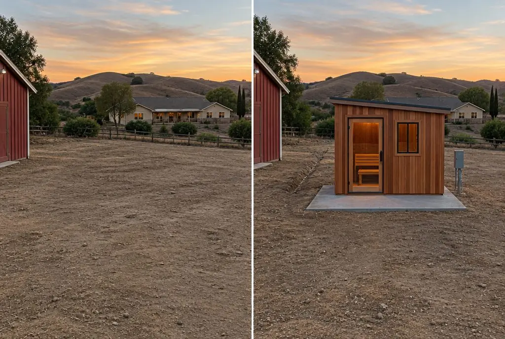Illustration: split view of a Castaic ranch property, a bare clearing near a red barn on the left and a cedar cabin sauna on a concrete pad with a disconnect box and a long trench line back toward the house on the right