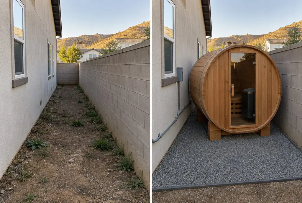 Illustration: split view of a Valencia side yard, a strip of bare dirt between the house and a block wall on the left and a cedar barrel sauna on a gray gravel pad with a small disconnect box on the wall on the right