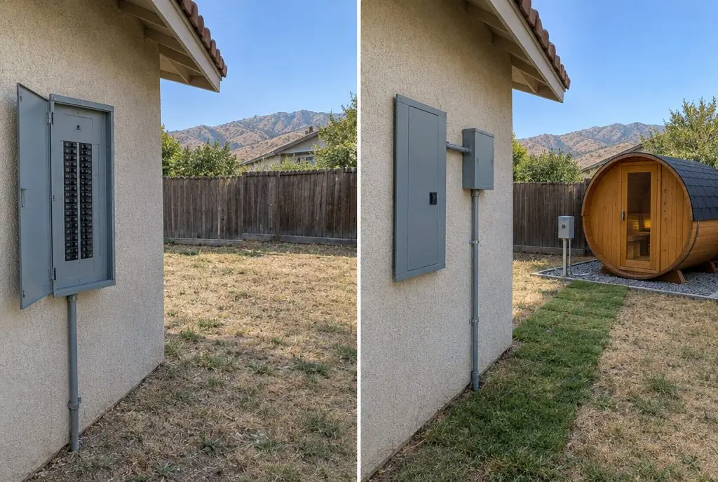 Illustration: split view of a Canyon Country backyard and an exterior panel, an old full electrical panel and an empty corner of the yard on the left and a new subpanel beside it and a small barrel sauna on a gravel pad on the right