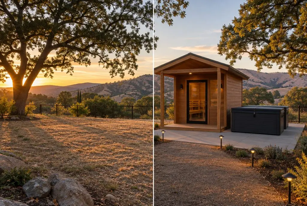 Illustration: split view of a Sand Canyon backyard with oak trees, a patch of dry grass on the left and a cedar cabin sauna with a porch and a cold plunge tub on a concrete pad with path lights on the right