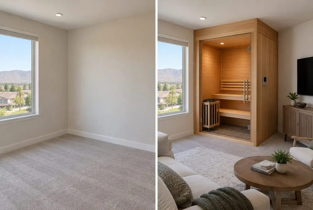 Illustration: split view of an upstairs bonus room, an empty carpeted corner with a window on the left and a small cedar-lined sauna room with a glass door built into the same corner on the right