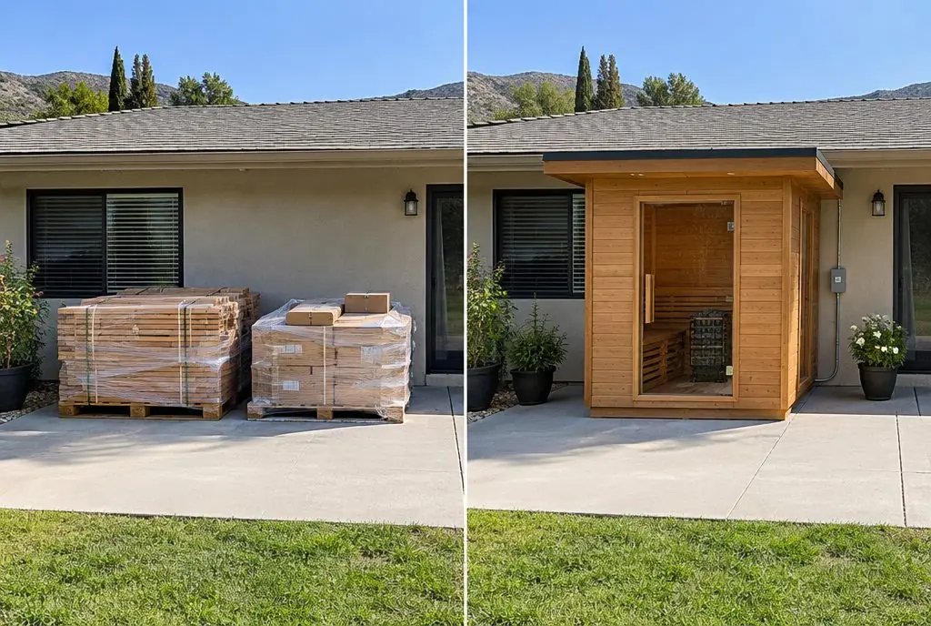 Illustration: split view of a Saugus ranch-home patio, shrink-wrapped pallets of sauna parts on a concrete slab on the left and an assembled cedar sauna with a glass door at the end of the same patio on the right