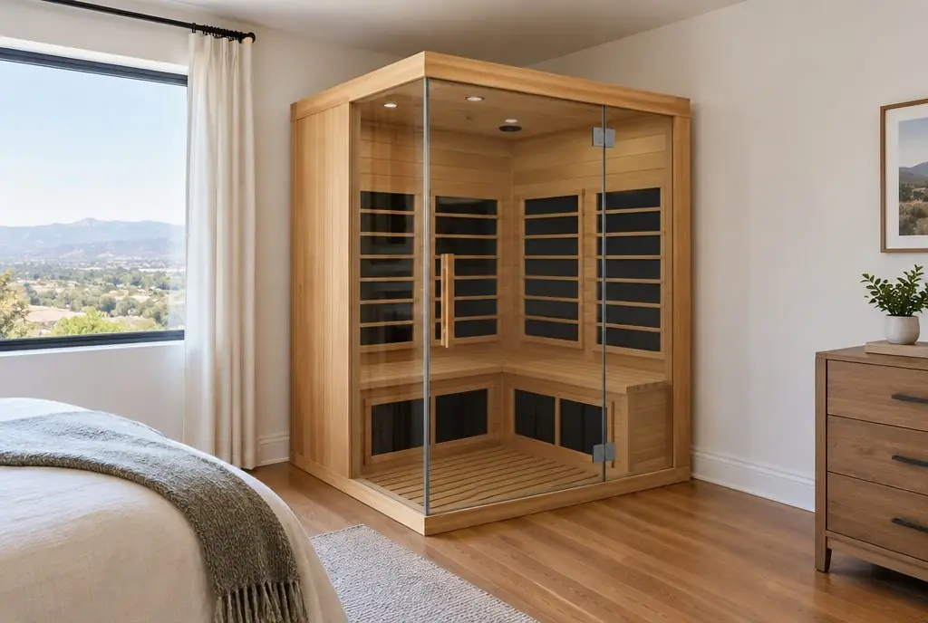 Illustration: a two-person infrared sauna cabin with a glass front and carbon heater panels inside, set in a bright bedroom corner